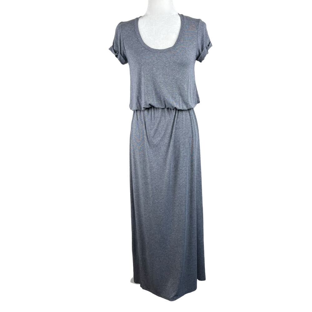 Lanston Micro Stripe Maxi Dress XS Blue Short Sleeve Scoop Neck Side Slit Casual